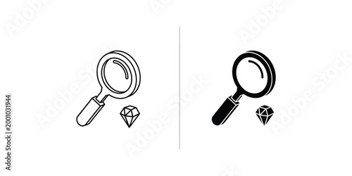 Contrast between a white and black magnifying glass examining a gemstone.