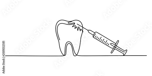 Continuous line drawing of a tooth with a dental syringe