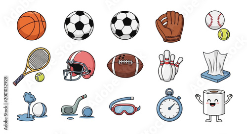 Collection of sports icons and objects.