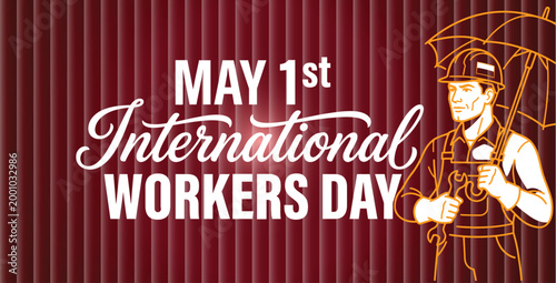 International Workers Day May 1st Banner with Construction Worker and Wrench.