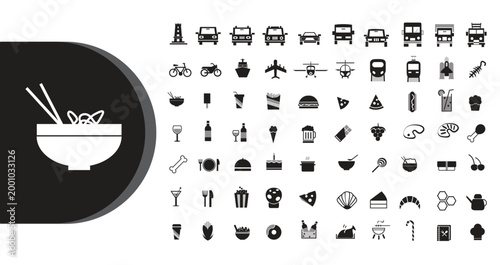 A collection of various icons and symbols on a white background including food transportation and objects