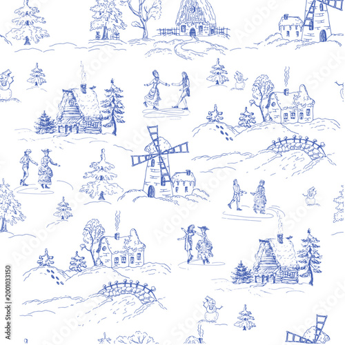 Women and men, ladies and gentlemen skate among the village houses, around the windmill.