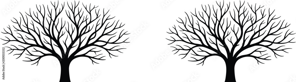 Obraz premium Leafless tree vector illustration set, symmetrical branching silhouettes representing forest, nature diversity and decorative design elements