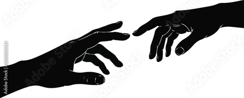 Minimalist Black and White Silhouette of Two Hands Reaching Together, Concept of Connection and Creation