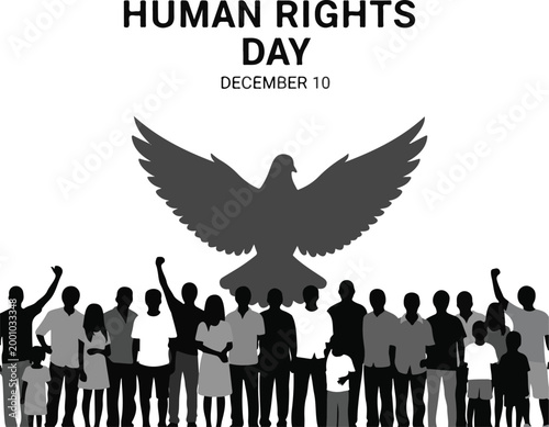 Human Rights Day Concept with Crowd Silhouettes and Peace Dove on White Background
