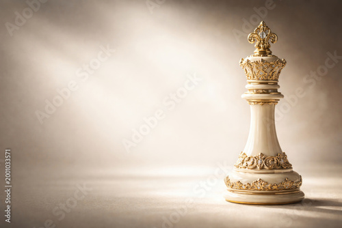 White king chess piece with gold decor. Space for text.