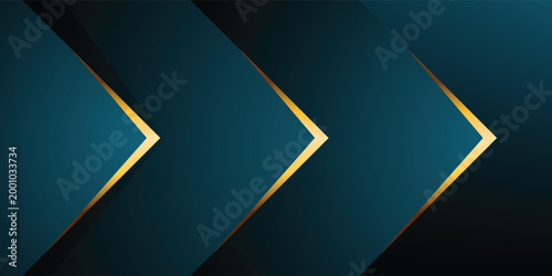 Abstract dark teal and black geometric background with elegant gold metallic chevron lines. Premium luxury design perfect for corporate branding, high-end presentations, and modern tech aesthetics.