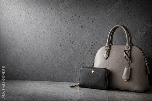 A woman's bag and wallet on a gray background. Space for text.