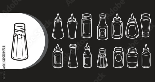 A collection of various condiment bottles and a single highlighted bottle on a black background