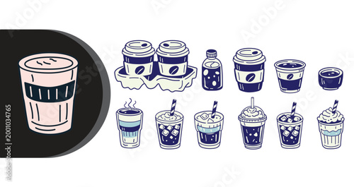 An illustration of various coffee and drink cups in different styles and sizes