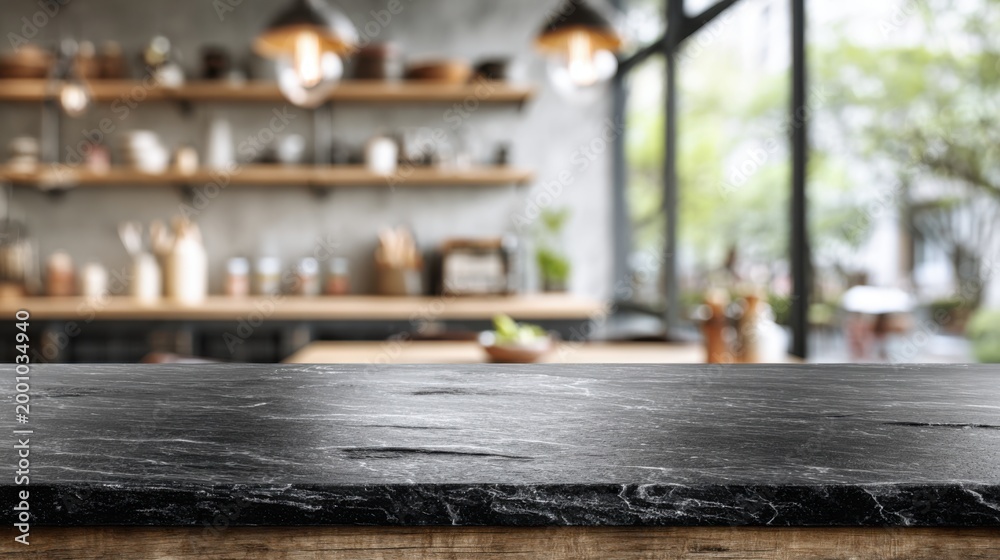 Fototapeta premium Empty black marble countertop on wooden table in blurred modern kitchen cafe background for product display mockup