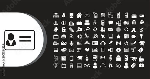 A collection of various icons and symbols arranged on a black background next to a large white icon