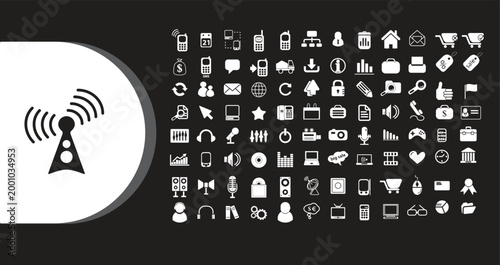 A collection of various white digital icons on a black background with a large white circle containing a black antenna symbol on the left side