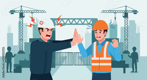 Foreman Blocking Construction Gate Confronting Worker — Authority at Entrance Flat Vector Illustration