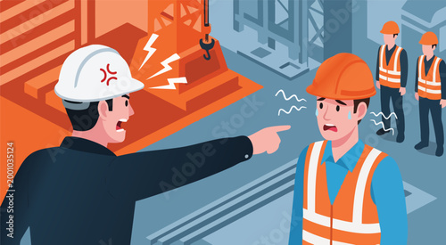 Over-Shoulder View of Foreman Publicly Humiliating Construction Worker in Front of Coworkers