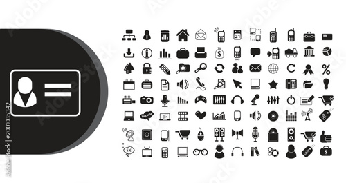 A collection of various black and white icons on a white background with a large black shape containing a person ID card icon
