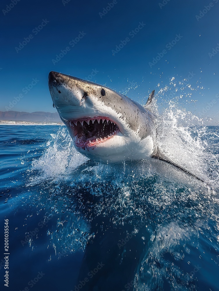 Naklejka premium Great white shark leaping out of the water with open jaws