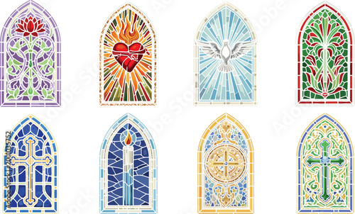 Tableau sur toile Stained glass church window collection with religious cross dove and sacred deco