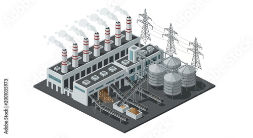 Isometric illustration of an industrial power plant, featuring multiple smoking chimneys, conveyor belts, and large storage tanks, symbolizing energy production and vital infrastructure