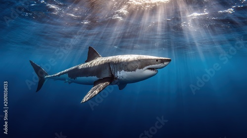 Massive Great White Shark swimming near the surface in sunlit blue water