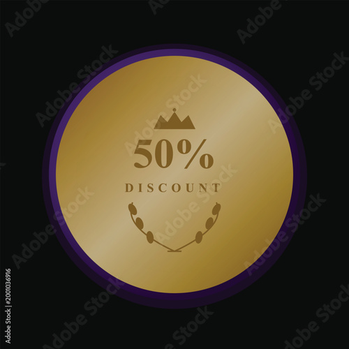 Luxury 50% discount gold badge, premium gold seal with crown and laurel, golden sale offer icon, royal shopping label, exclusive deal sticker, luxury promotion tag, metallic gold 50 percent off sign.