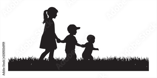 Vector silhouette of siblings in the grass on white background. Symbol of girl, boy, sister, brother, family, friends, infant, childhood, nature, park, garden.