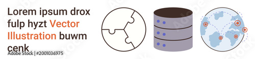 Data analysis, networking, globalization, cloud computing, collaboration, digital storage. Three icons a puzzle piece, database and a globe with connected points. Data analysis and networking