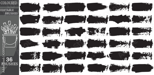 Bundle of 36 Thick Black Ink Brush Strokes and Rectangular Paint Smears for Grunge Background Textures