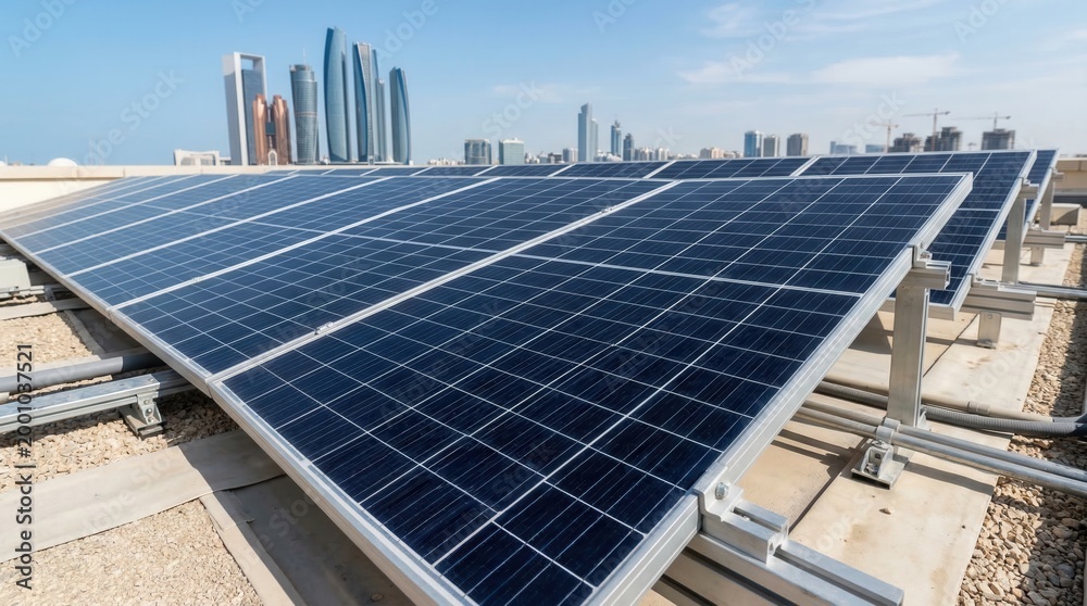 Fototapeta premium Solar panels on a rooftop with Abu Dhabi skyline. Renewable energy installation in a modern city.