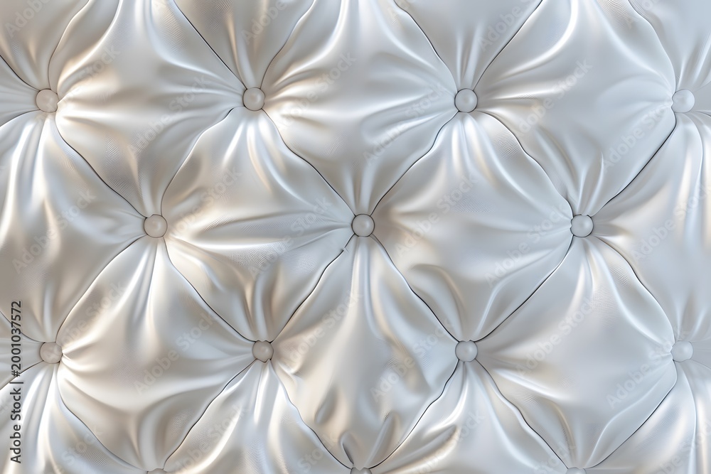 Fototapeta premium Classic white leather tufted texture with diamond pattern and covered buttons for premium furniture and automotive interior design.