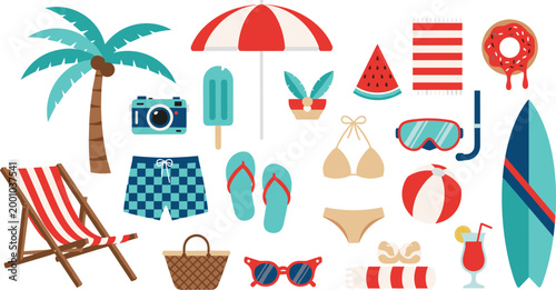 Billede på lærred Summer beach vacation essentials collection with tropical travel accessories vec