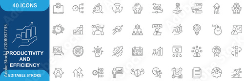 Productivity and Efficiency Icon Set. Performance, Workflow, Time Management, Optimization, Growth, Success, Planning, Organization, Business and More. Line Icon. Editable Stroke.
