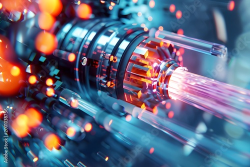 Detailed macro view of laser cooling system or particle accelerator component with glowing core.