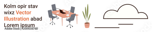 Office interiors, workplace setup, minimalism, team collaboration, modern design, abstract art. Two office chairs at a desk with a plant and laptop. Workplace setup and minimalism concept