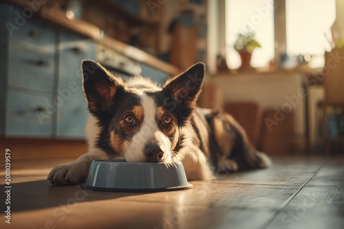 Happy dog lying on kitchen floor by food bowl, hungry pet waiting for meal