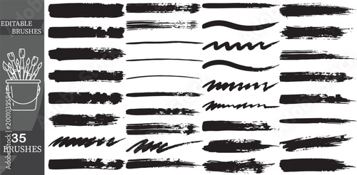 Set of 35 Black Grunge Ink Brush Strokes with Zigzag Lines and Distressed Textures for Vector Graphic Design