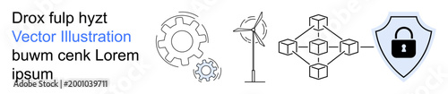 Technology, renewable energy, blockchain, cybersecurity, innovation, industrial engineering. gears, wind turbine blockchain network and a shield with lock. Cybersecurity and renewable energy