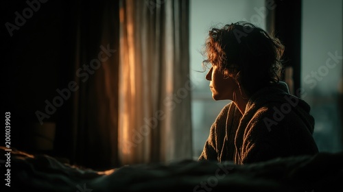 Depressed woman sitting on the bed at night, she is sad and suffering from insomnia