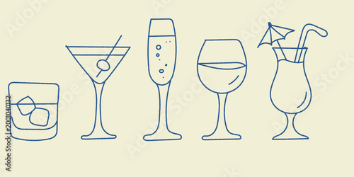 Vector illustration of various cocktail glasses and drinks on light background