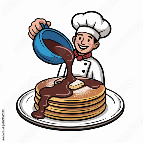 Foto Cartoon chef pouring chocolate syrup on pancakes, breakfast food illustration, s