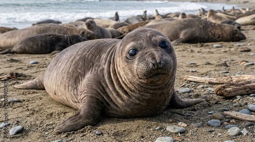 A baby elephant seal on a beach