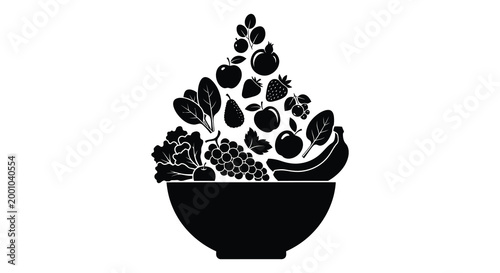 Silhouette of a bowl overflowing with diverse fruits and vegetables a healthy harvest