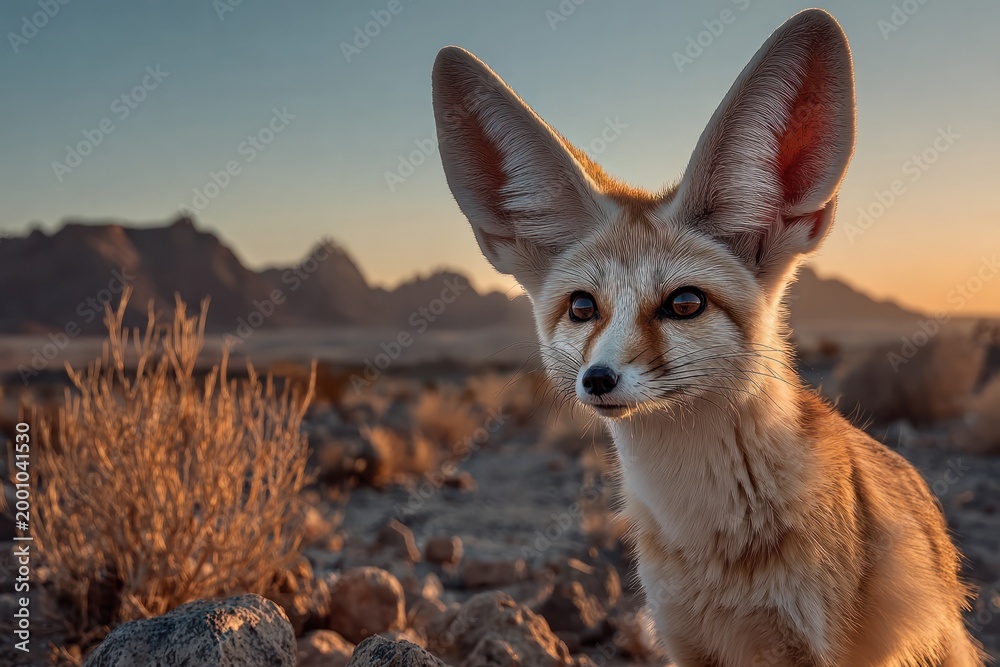 Fototapeta premium Desert fox in golden sunset light, stunning wildlife portrait