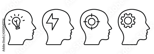 Outline sets of heads with different symbols inside. Mind process icon set.