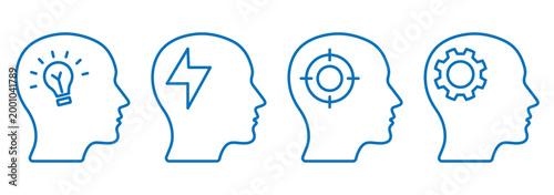 Outline sets of heads with different symbols inside. Mind process icon set.