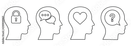 Outline sets of heads with different symbols inside. Mind process icon set.