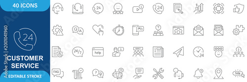 Customer Service Icon Set. Containing Customer Satisfaction, Assistance, Experience, Feedback, Operator, Technical Support, Help Desk, Call Center, Communication and more. Line Icon. Editable Stroke.