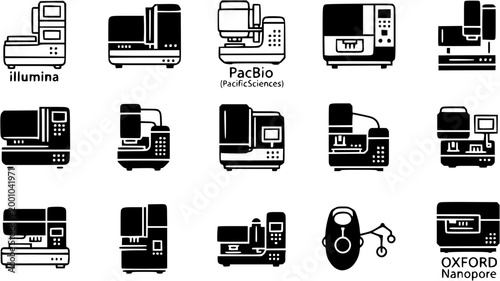 Sequencing Platforms Technology Illumina PacBio Oxford Nanopore Genomics Equipment Instruments Systems Vector Icon Set - Sequencing Hardware