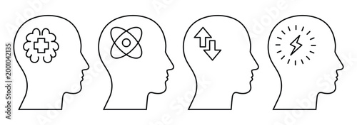 Outline sets of heads with different symbols inside. Mind process icon set.