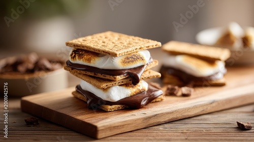 Melted chocolate and toasted marshmallows sandwiched between graham crackers. A delicious stack of homemade s'mores with gooey melted chocolate and perfectly toasted marshmallows, ready to be enjoyed